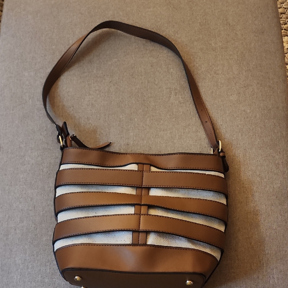Brown and White Striped Canvas And Faux Leather Women's Bag